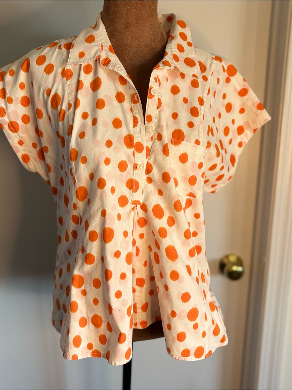 Orvis White Short-Sleeve Button Polo with Orange Polka Dots